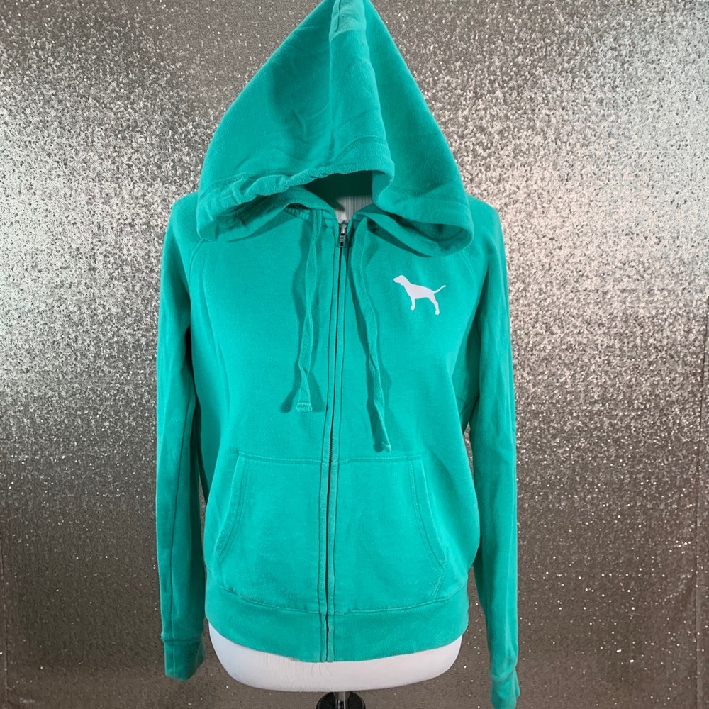 PINK Turquoise Zip Up Hoodie                    B1 - Picture 2 of 4